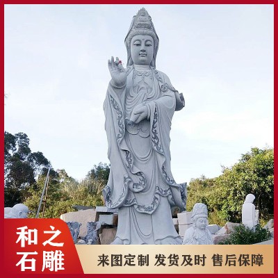 寺庙大型10米石雕观音菩萨定做 青石三面观音四面石材雕刻观音像图7